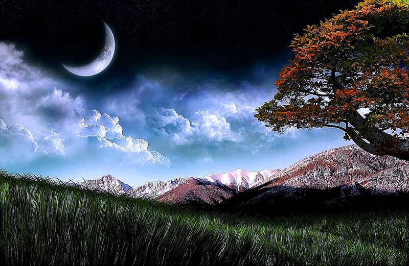 Mountain Landscape at Night — Green, Dramatic, Digital Art