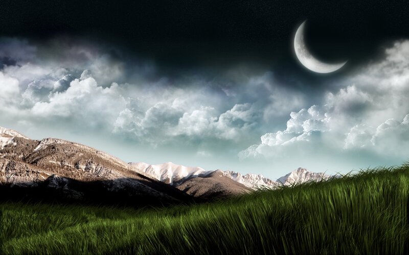 Mountain Landscape at Night — Green, Dramatic