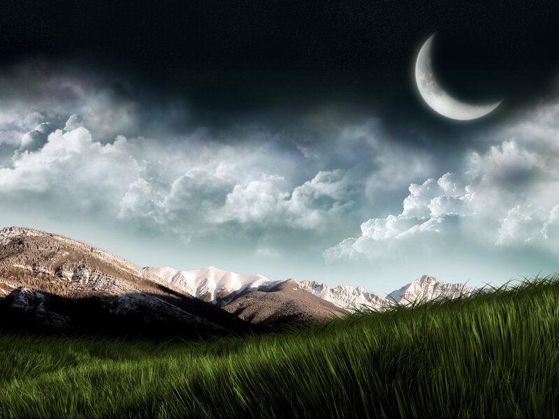 Mountain Landscape at Night — Moon