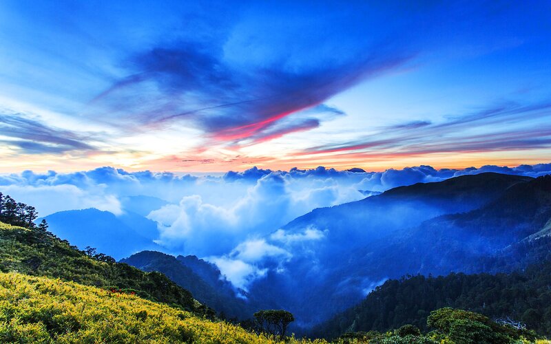 Mountain Landscape at Sunrise — Blue, Serene, Photograph, Clouds