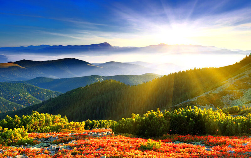 Mountain Landscape at Sunrise — Blue, Serene