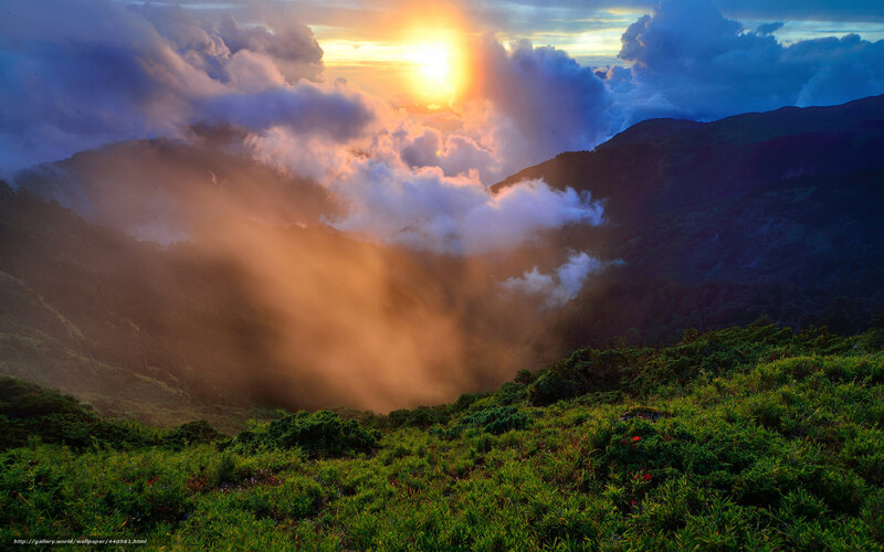 Mountain Landscape at Sunrise — Green, Dramatic, Photograph, Sun, Clouds