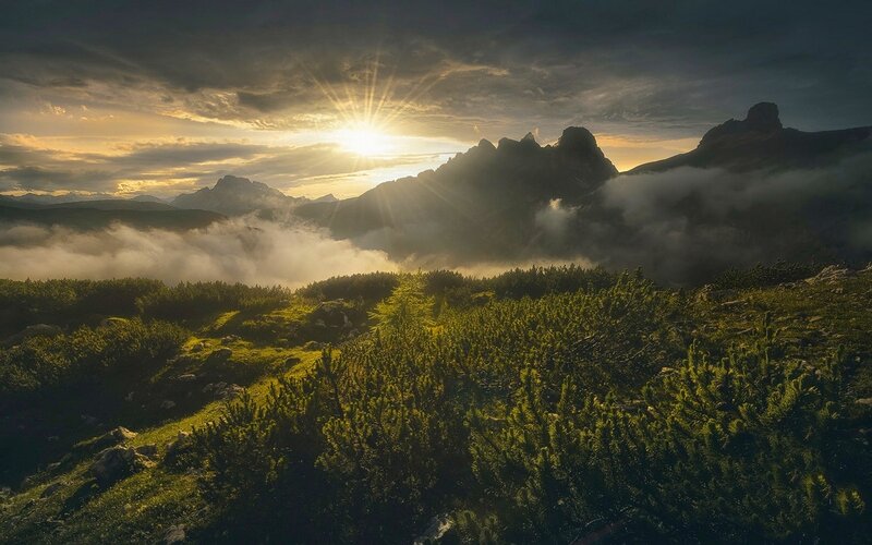 Mountain Landscape at Sunrise — Green, Dramatic, Photograph, Sun, Clouds, Trees