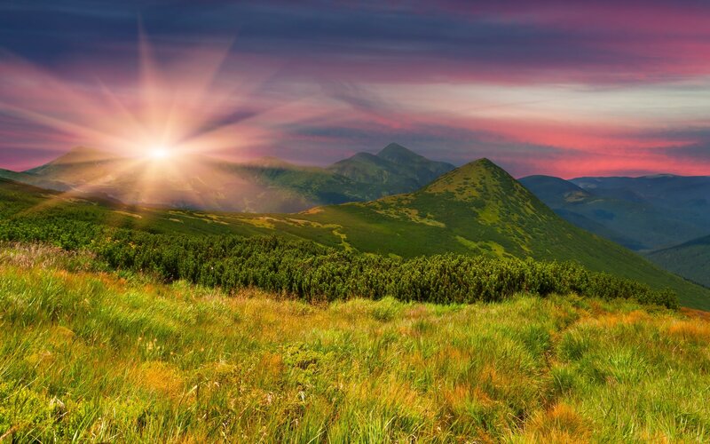 Mountain Landscape at Sunrise — Green, Dramatic, Photograph, Sun