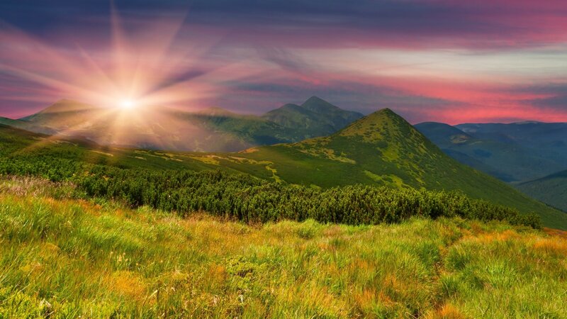 Mountain Landscape at Sunrise — Green, Dramatic, Photograph
