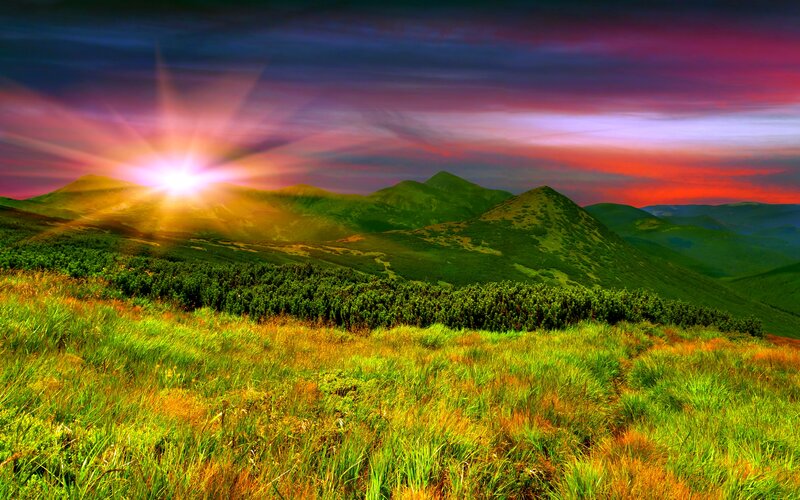 Mountain Landscape at Sunrise — Green, Dramatic