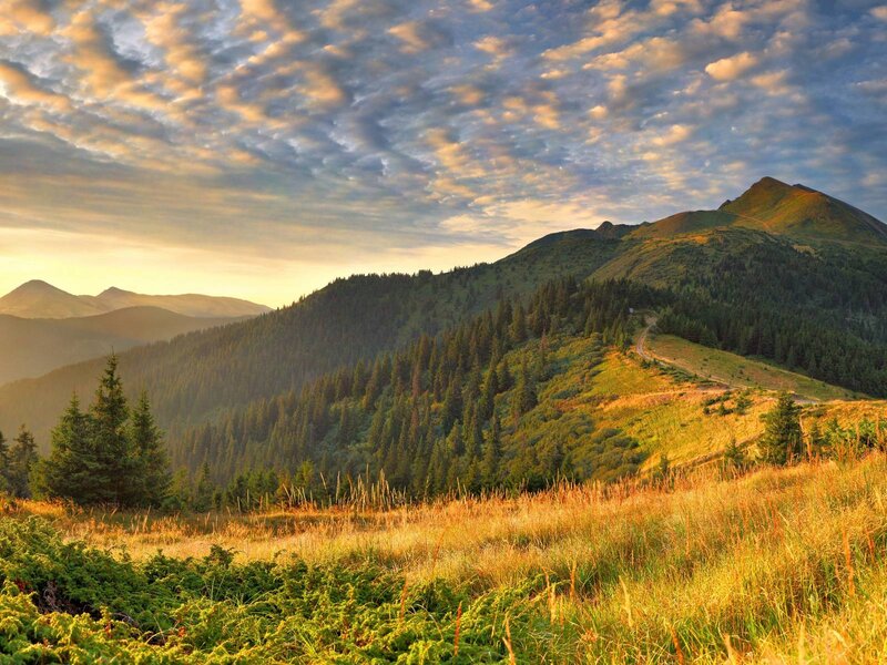 Mountain Landscape at Sunrise — Green, Serene, Photograph, Hills