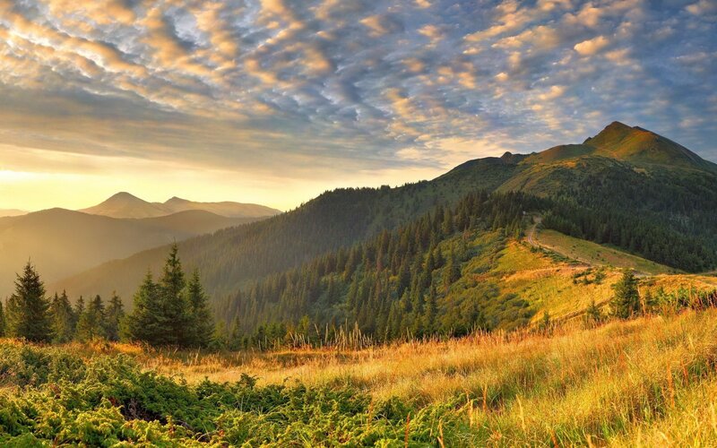 Mountain Landscape at Sunrise — Green, Serene, Photograph, Mountains, Forest, Sky