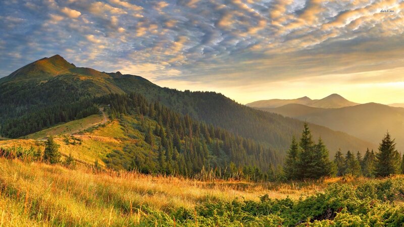 Mountain Landscape at Sunrise — Green, Serene, Photograph, Mountains