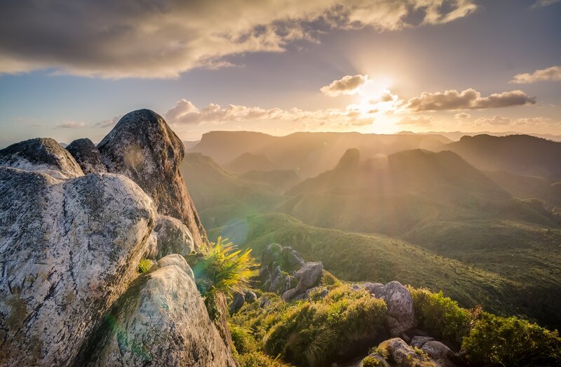 Mountain Landscape at Sunrise — Green, Serene, Photograph, Rocks