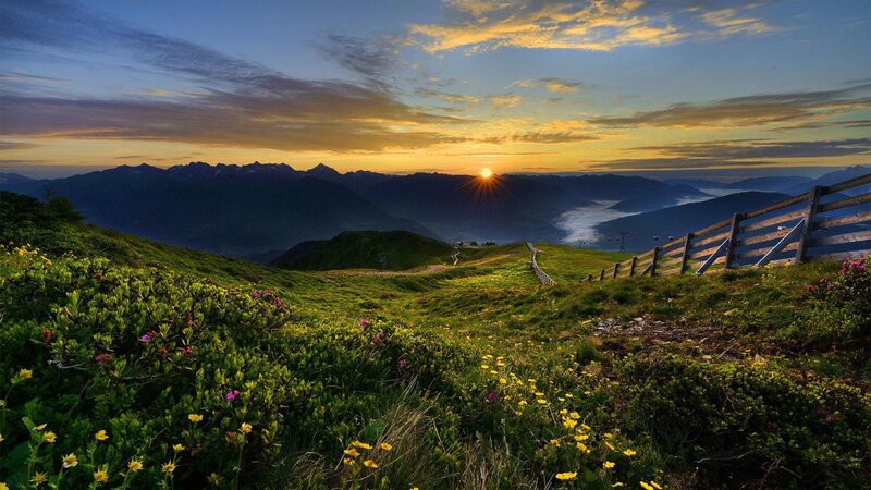 Mountain Landscape at Sunrise — Green, Serene, Photograph, Sun