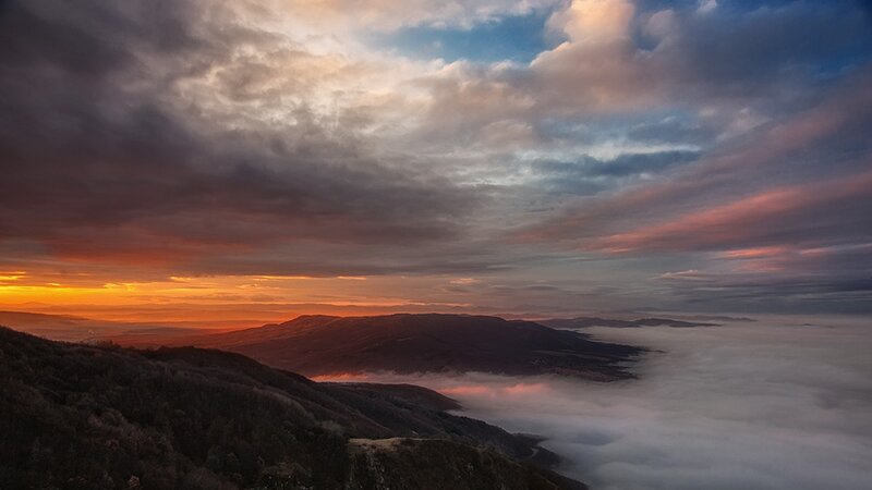 Mountain Landscape at Sunrise — Orange, Dramatic