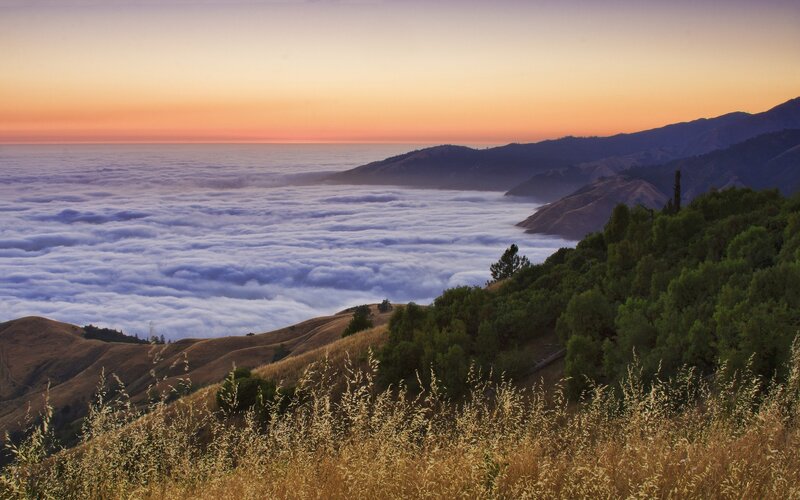 Mountain Landscape at Sunrise — Orange, Serene, Photograph, Clouds