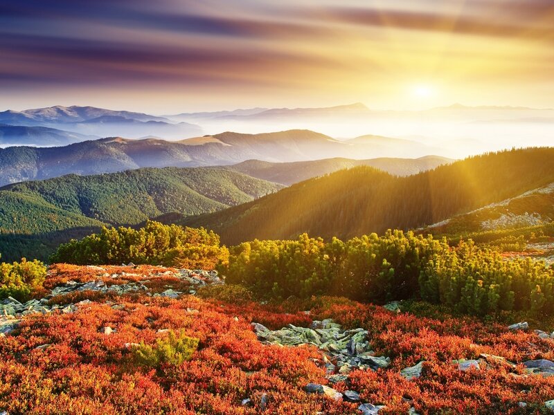 Mountain Landscape at Sunrise — Orange, Serene, Photograph, Hills