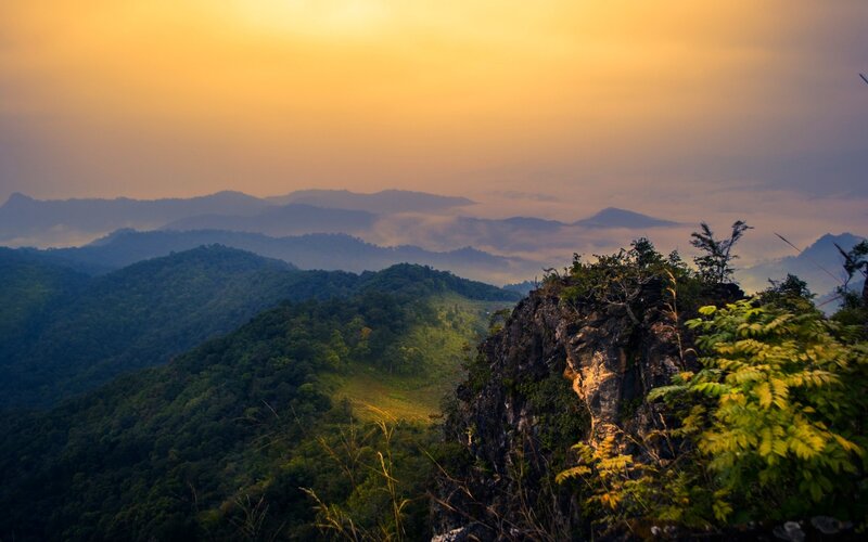 Mountain Landscape at Sunrise — Orange, Serene, Photograph, Mountains