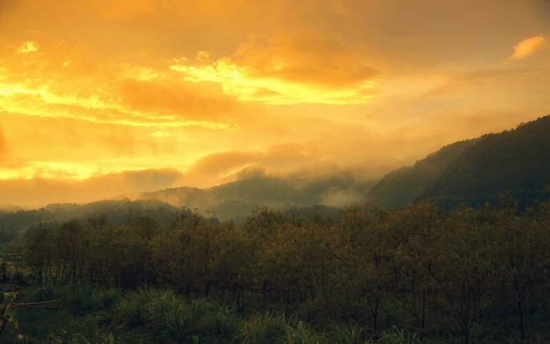 Mountain Landscape at Sunrise — Orange, Serene, Photograph, Mountains, Trees