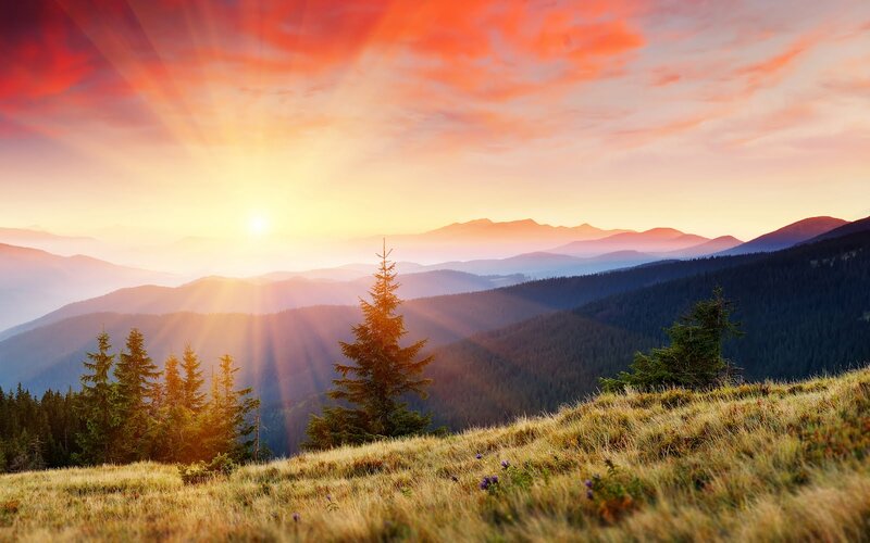 Mountain Landscape at Sunrise — Orange, Serene