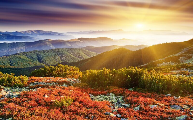 Mountain Landscape at Sunrise — Red, Serene