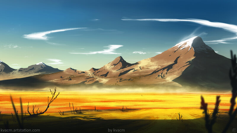 Mountain Landscape at Sunset — Blue, Dramatic, Digital Art