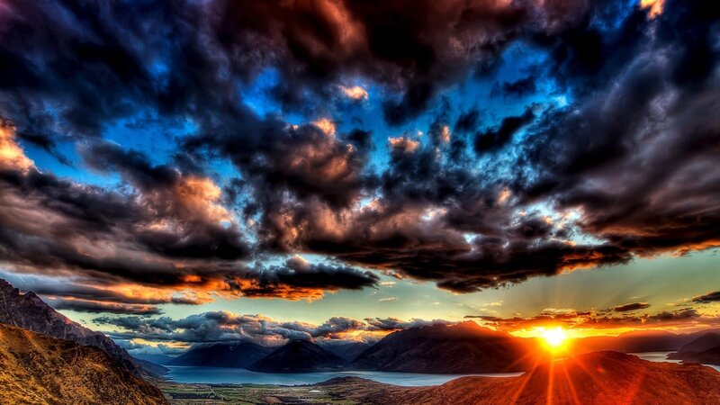 Mountain Landscape at Sunset — Blue, Dramatic, Photograph, Sun, Clouds