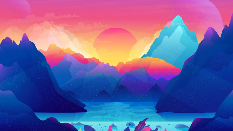 Mountain Landscape at Sunset — Blue, Serene, Digital Art, Mountains