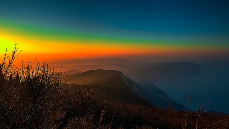 Mountain Landscape at Sunset — Blue, Serene, Photograph, Mountains