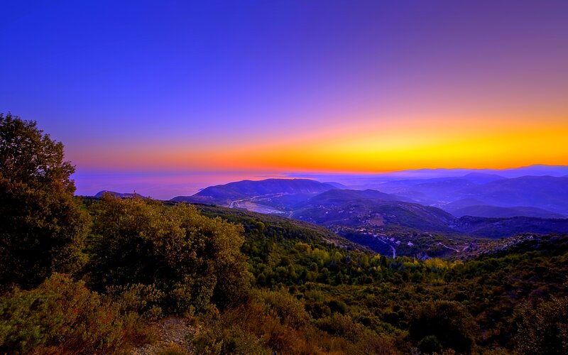 Mountain Landscape at Sunset — Blue, Serene, Photograph