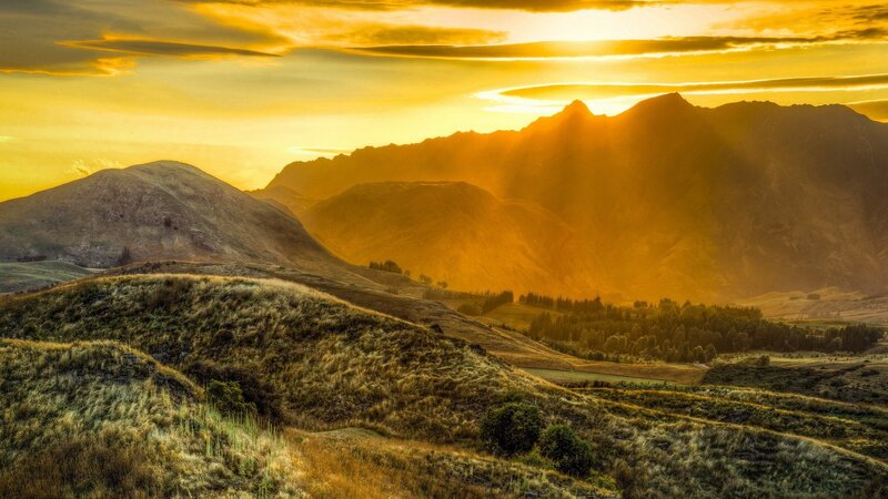 Mountain Landscape at Sunset — Gold, Dramatic, Photograph
