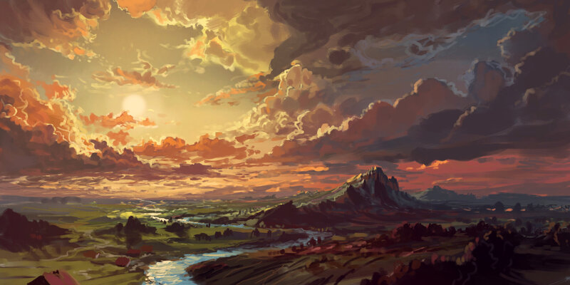 Mountain Landscape at Sunset — Orange, Dramatic, Digital Art, Clouds
