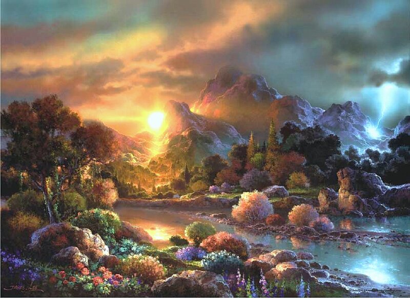 Mountain Landscape at Sunset — Orange, Dramatic, Painting