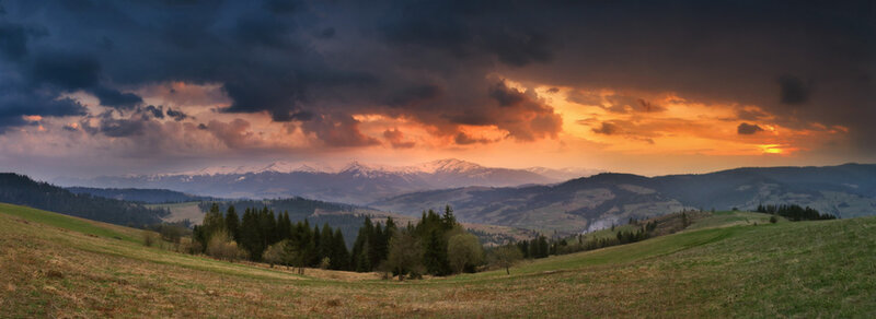 Mountain Landscape at Sunset — Orange, Dramatic, Photograph, Clouds, Forests