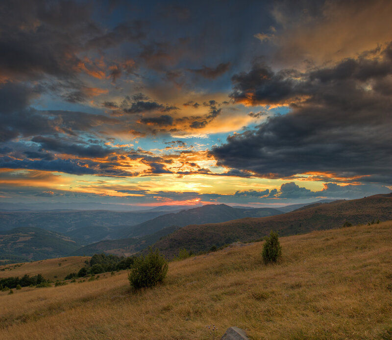 Mountain Landscape at Sunset — Orange, Dramatic, Photograph, Clouds