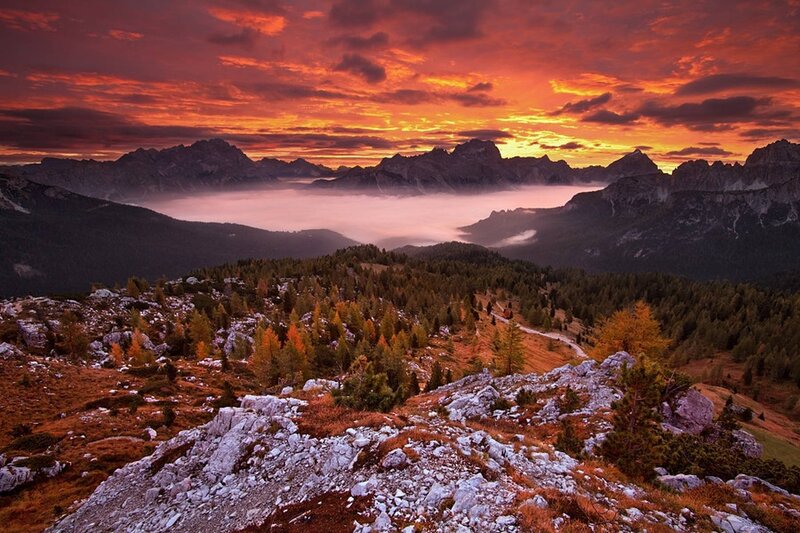 Mountain Landscape at Sunset — Orange, Dramatic, Photograph, Clouds, Trees