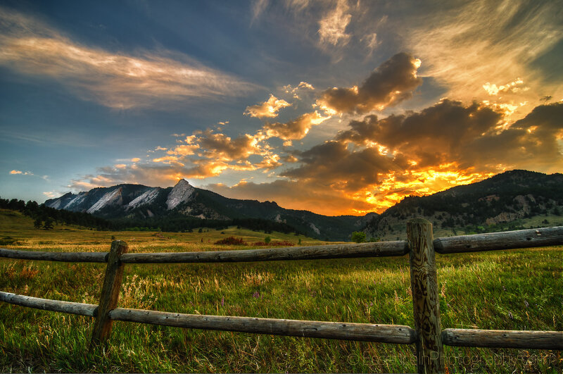 Mountain Landscape at Sunset — Orange, Dramatic, Photograph, Fence, Clouds