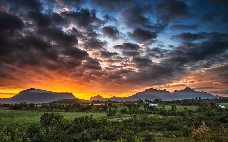 Mountain Landscape at Sunset — Orange, Dramatic, Photograph, Mountains, Clouds