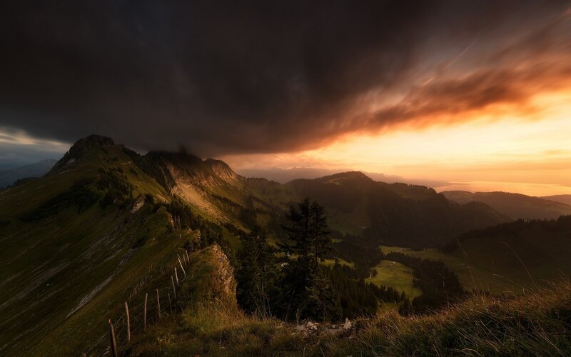 Mountain Landscape at Sunset — Orange, Dramatic, Photograph, Mountains, Clouds, Valley