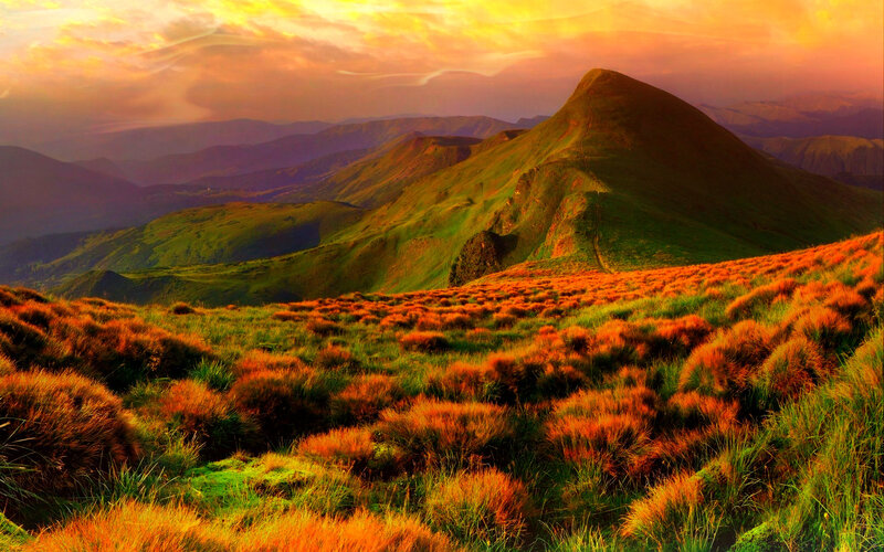 Mountain Landscape at Sunset — Orange, Dramatic, Photograph, Mountains, Grass