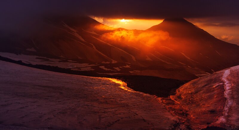 Mountain Landscape at Sunset — Orange, Dramatic, Photograph, Mountains, Snow