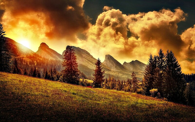 Mountain Landscape at Sunset — Orange, Dramatic, Photograph, Mountains, Trees