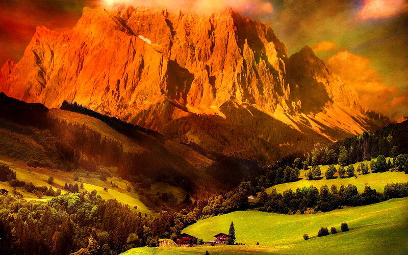 Mountain Landscape at Sunset — Orange, Dramatic, Photograph, Mountains, Valley