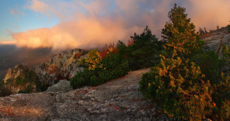 Mountain Landscape at Sunset — Orange, Dramatic, Photograph, Trees, Rocks