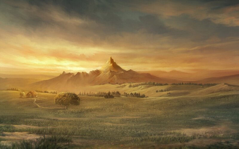 Mountain Landscape at Sunset — Orange, Serene, Digital Art, Mountains