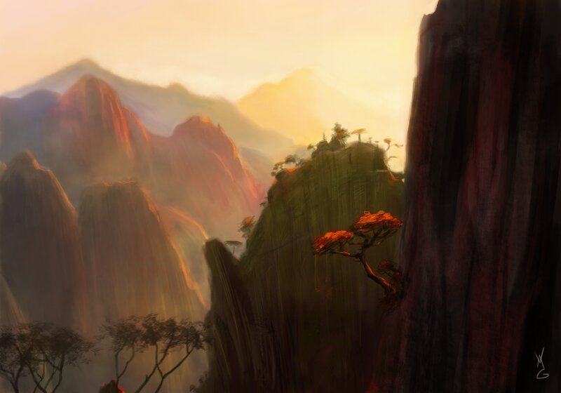 Mountain Landscape at Sunset — Orange, Serene, Digital Art