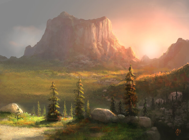 Mountain Landscape at Sunset — Orange, Serene, Digital Art, Trees