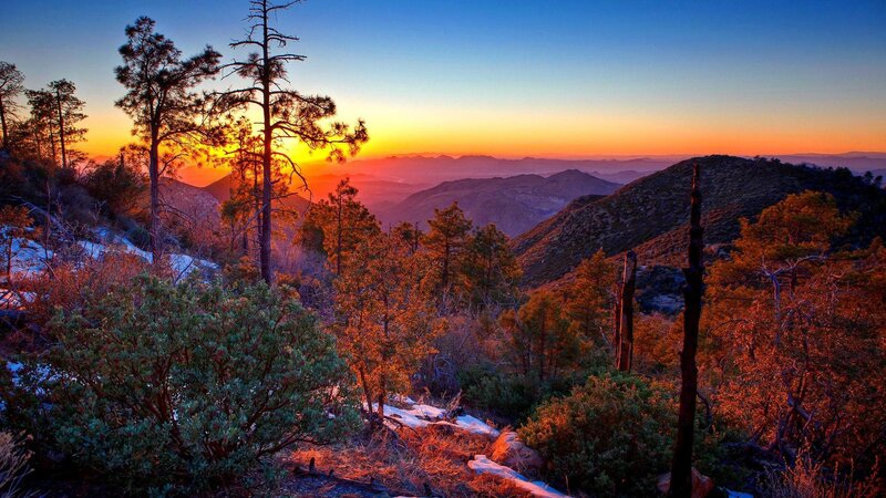 Mountain Landscape at Sunset — Orange, Serene, Photograph, Trees