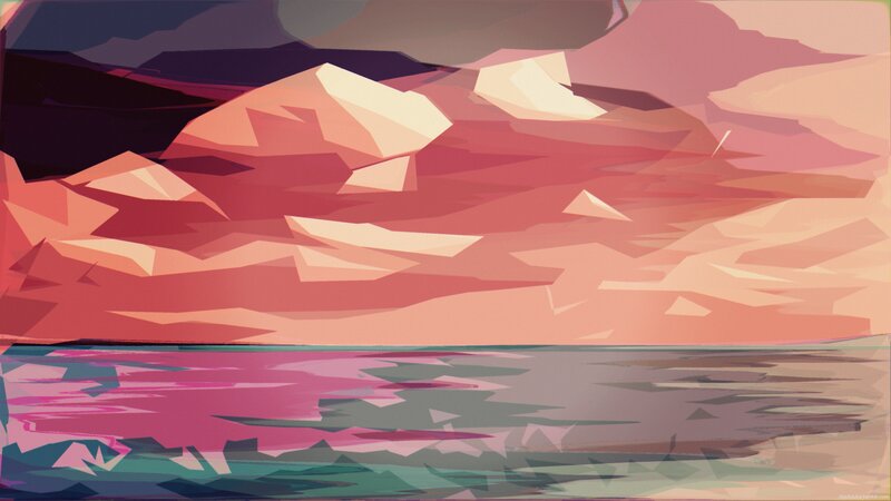 Mountain Landscape at Sunset — Pink, Serene, Digital Art