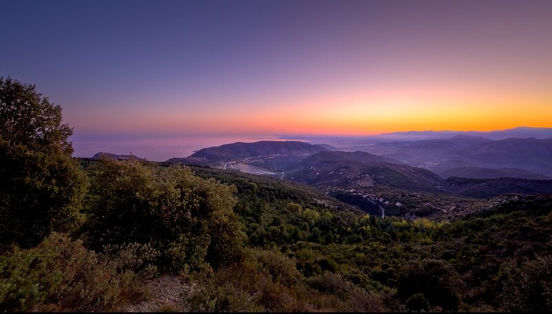 Mountain Landscape at Sunset — Purple, Serene, Photograph, Hills, Trees
