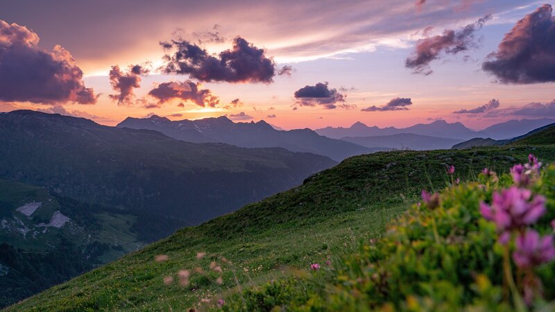 Mountain Landscape at Sunset — Purple, Serene
