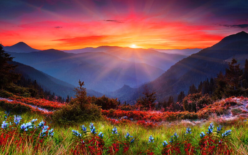 Mountain Landscape at Sunset — Red, Dramatic, Photograph, Sun