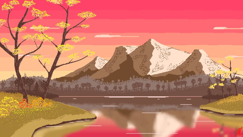 Mountain Landscape at Sunset — Red, Serene